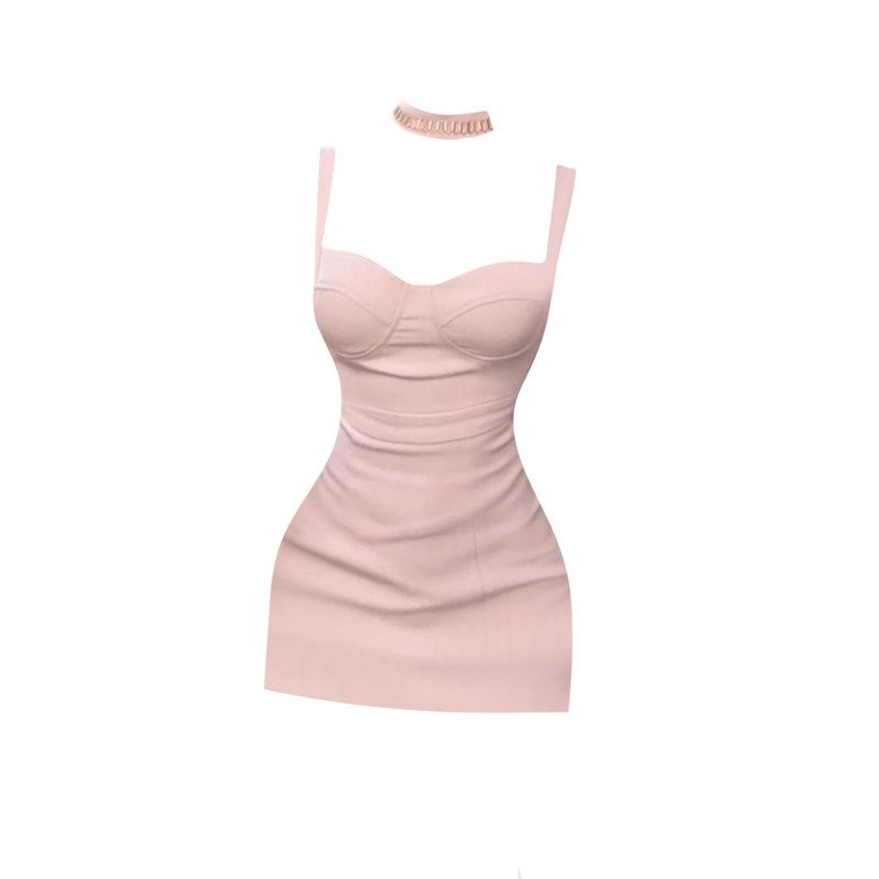 Gaositong Elegant Solid Color Spaghetti Strap Dress for Women, Spring/Summer 2026, Pure Desire Style, Slimming, Waist-Cinching, Bodycon Short Dress Pink S