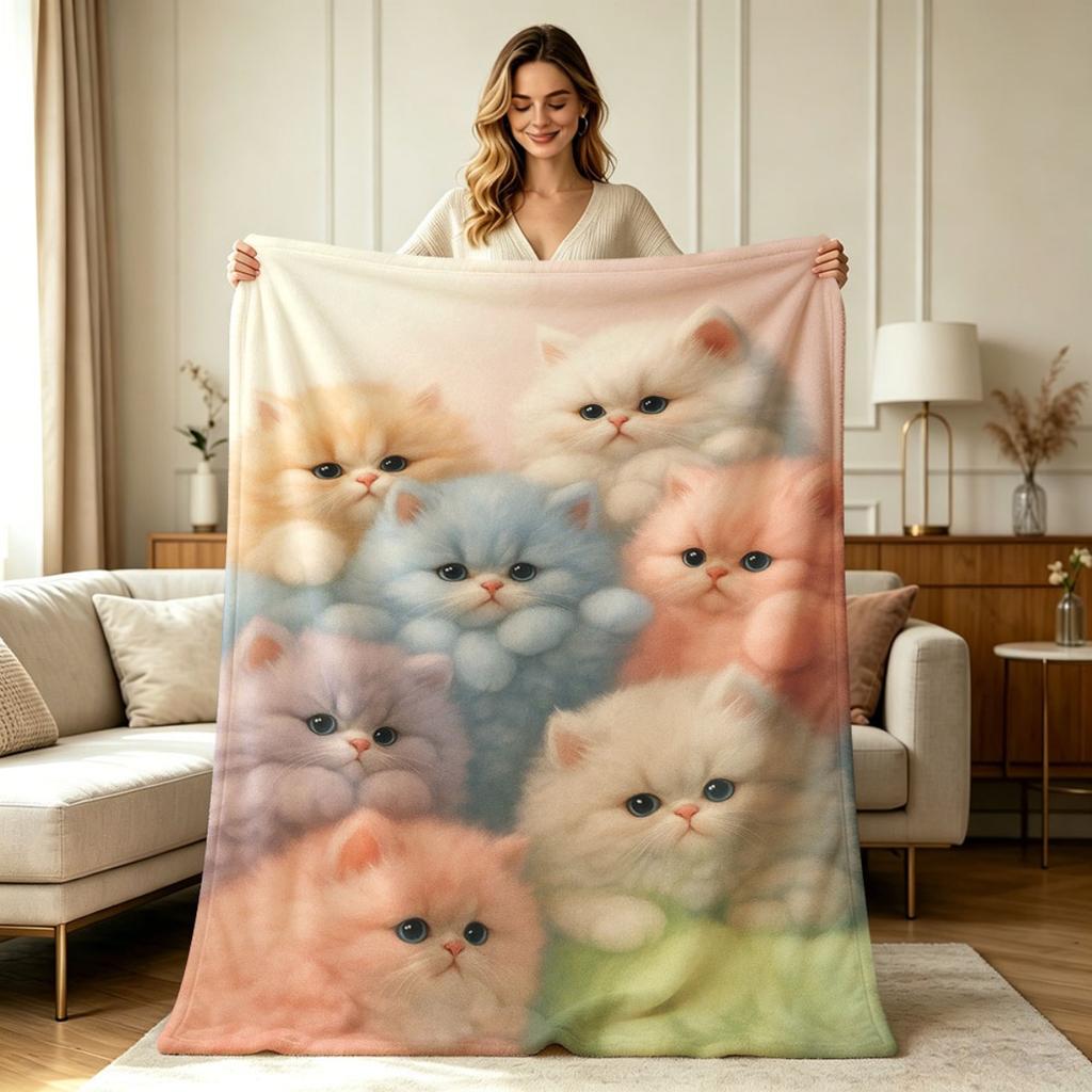 Soft Fluffy Fleece Throw Blanket with Cute Pastel Kitten Group Print for All Season Warm Cozy Blanket for Sofa Couch Bedroom Living Room Office Home D