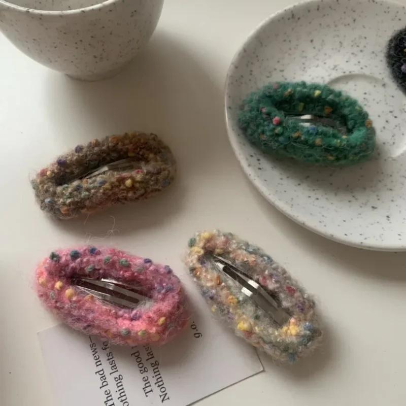 1PC Rainbow Color Classic Style Wool Knitted Barrettes Hand-Woven Hairpin BB Clip High Sense Bang Clip Headwear Hair Accessories
