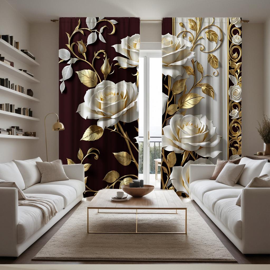 White Rose Gold Leaf Curtains Hd Print Pocket Rod Top Living Room Bedroom Study Polyester Decor Sheer Made Of Great Window Treatment