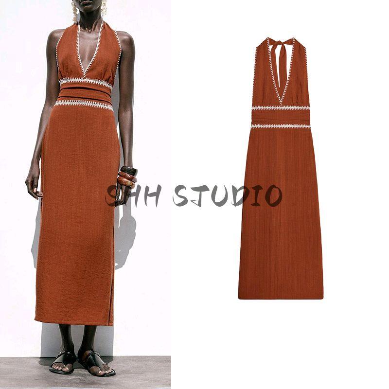 Summer Women's Clothing Ruched Decoration Contrast Color Embroider Fashion Elegant Sleeveless Midi Skirt Dress 8741048