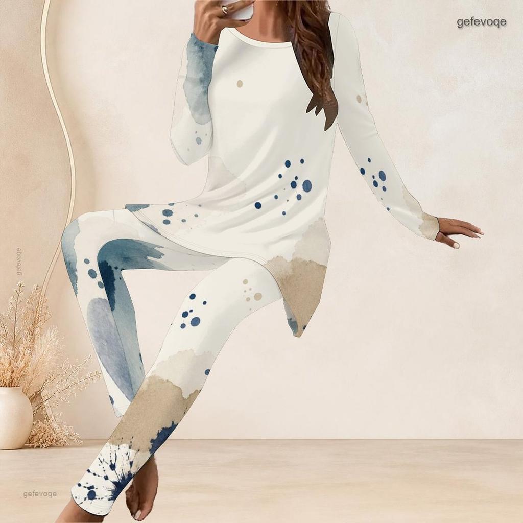 Women Plus Size Round Neck Long Sleeve Printed Longline Top Fitted Pants Two Piece Set White Blue Green