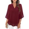 Women V Neck Chiffon Blouse With Split Three Quarter Sleeves Casual Layered Top