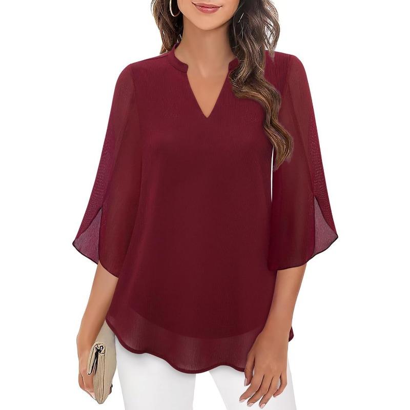 Women V Neck Chiffon Blouse With Split Three Quarter Sleeves Casual Layered Top