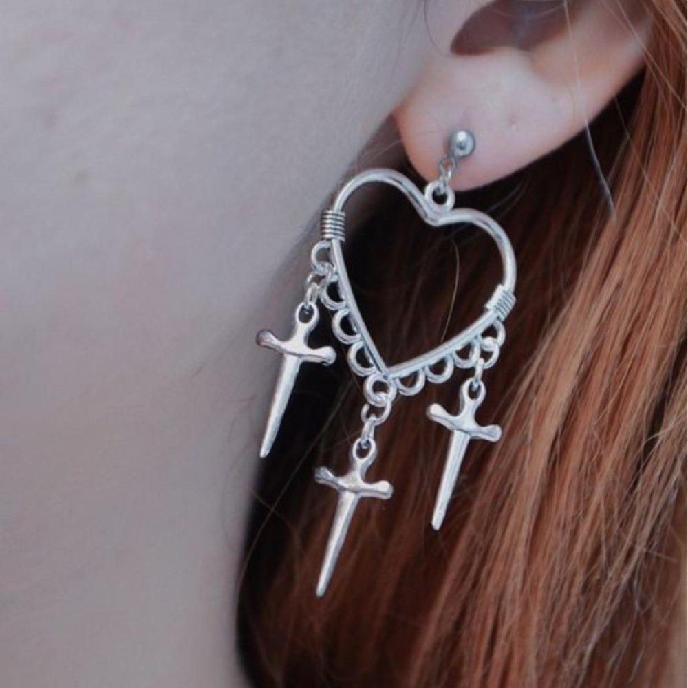 Goth Personality Sliver Color Stainless Steel Bowknot Cross Hollowed-out Awn Star Tassel Dangle Earrings for Women Punk Jewelry
