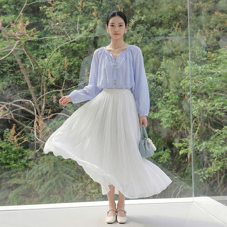 Feiyuan Women's Versatile Pleated Mesh Midi Skirt - Early Spring, Breathable, Large Hem, Commuter Style.
