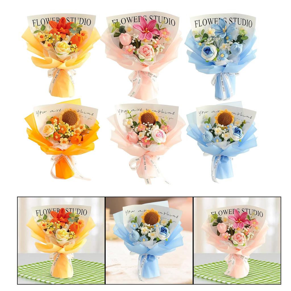 Crochet Flower Bouquet Table Centerpiece Handmade Woven Bouquet for Graduation Gift Living Room Birthday Apartment Hotel