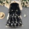 Spring Floral Knitted Long Dress Women Autumn Long Sleeves A Line Patchwork Mesh Embroidery Dresses