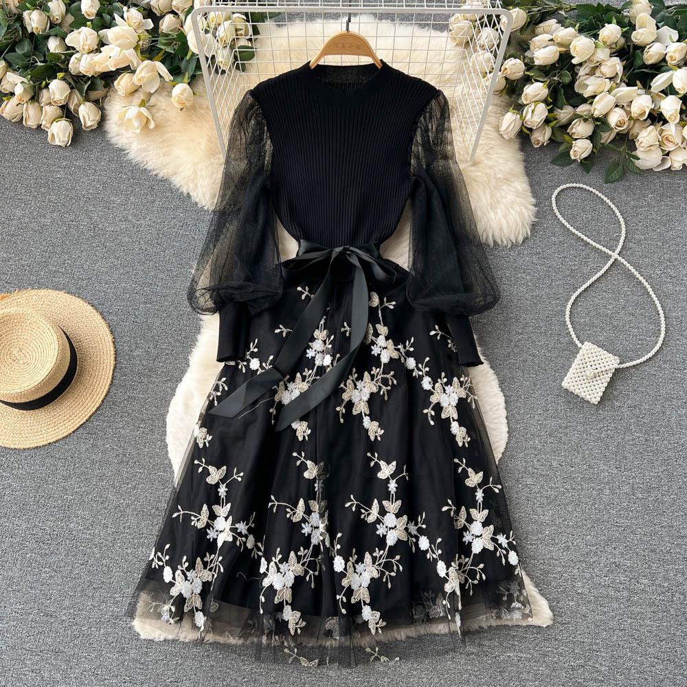 Spring Floral Knitted Long Dress Women Autumn Long Sleeves A Line Patchwork Mesh Embroidery Dresses