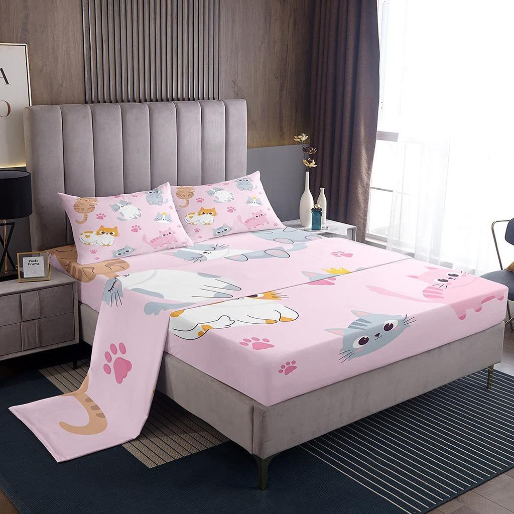 Cartoon Animal Cat Pattern Bed Hat Four-Piece Bedding Set Bedroom Dormitory Bedding Decoration