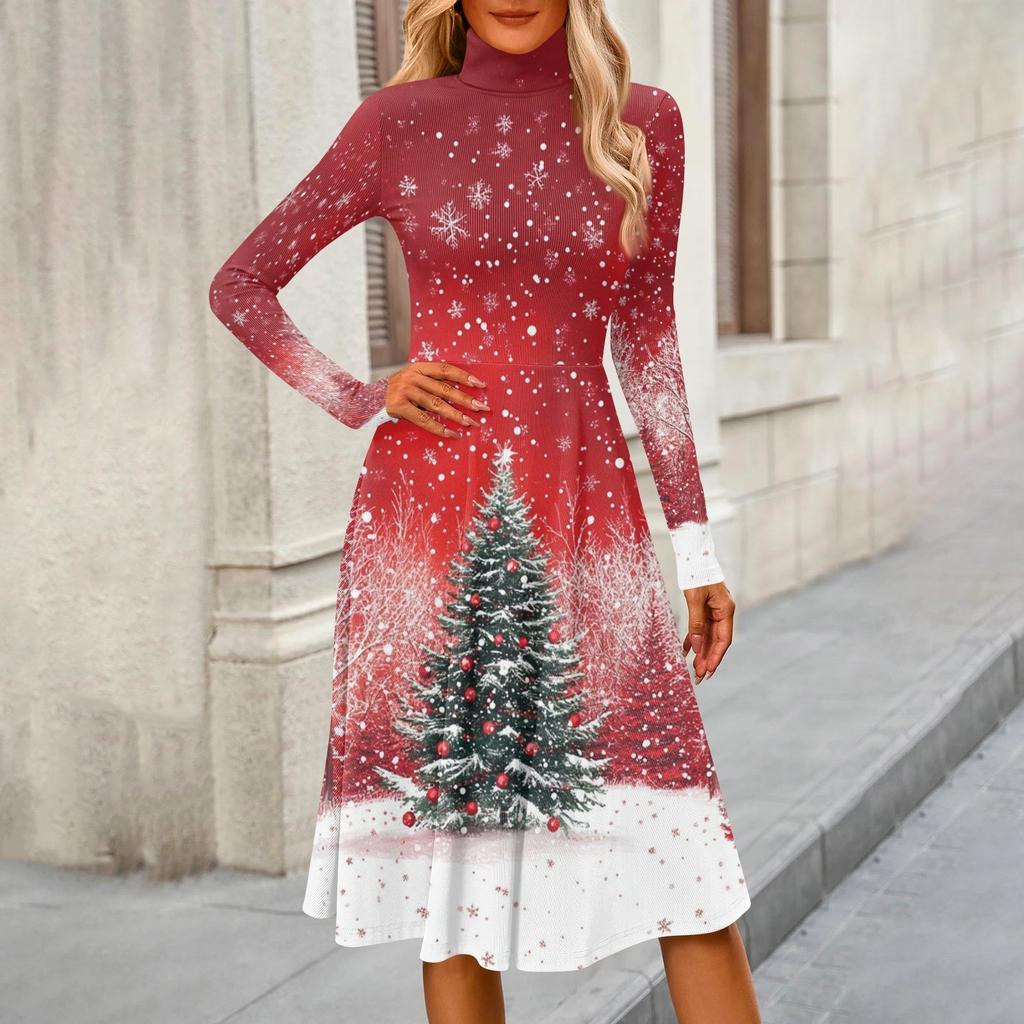 Women's Casual Fashion High Neck Long Sleeve Print Midi Dress