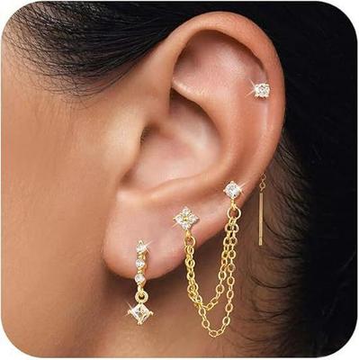18 Karat Gold Plated Quadratischer Ohr-Cuff und Kette Zirkon Steckerohrringe Set - Drei Teile
