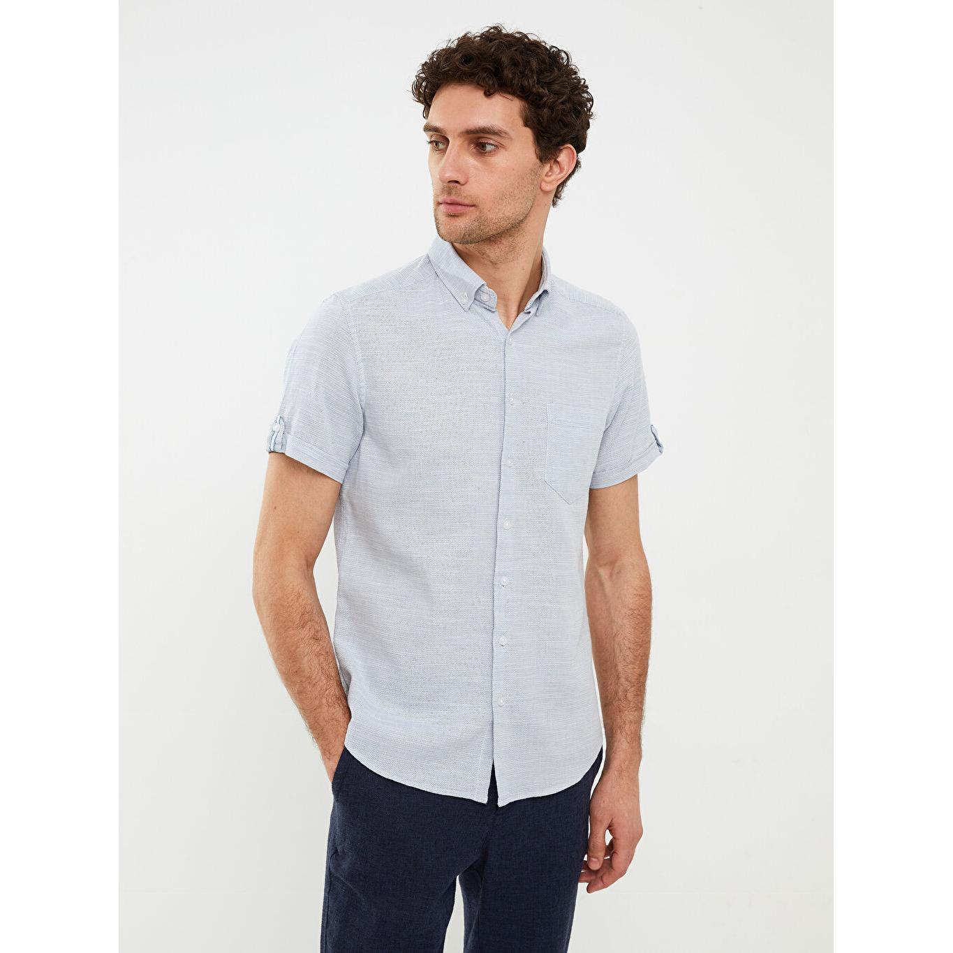 

LCW CLASSIC Slim Fit С Коротким Рукавом Добби Мужская Рубашка Синяя