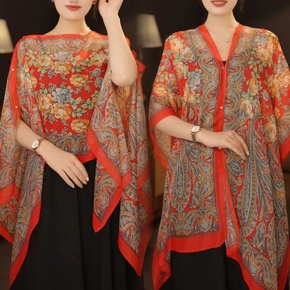 Flower Pattern Sun Protection Shawl Long Length Chiffon Scarf Breathable Shawl Outdoor Activities