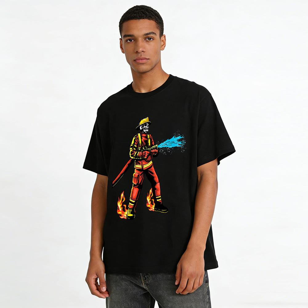 Skeleton Firefighter Graphic Casual Tee For Men Women Pure Cotton T-shirt