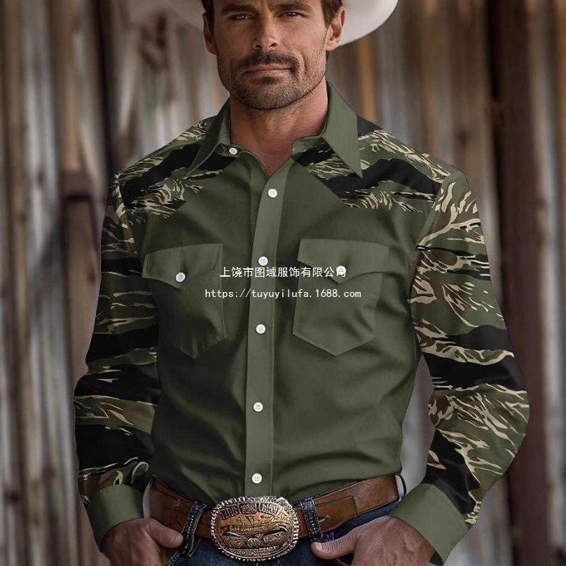 Western Style Long Sleeve Shirt, Ethnic Pattern, Casual Fashion for Men