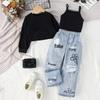 Girls Fashion Suit Summer Children's Casual Solid Color Short Long Sleeve Flower Print Pant Suit
