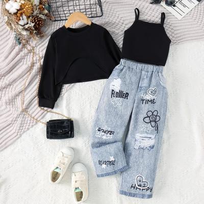 Girls Fashion Suit Summer Children's Casual Solid Color Short Long Sleeve Flower Print Pant Suit
