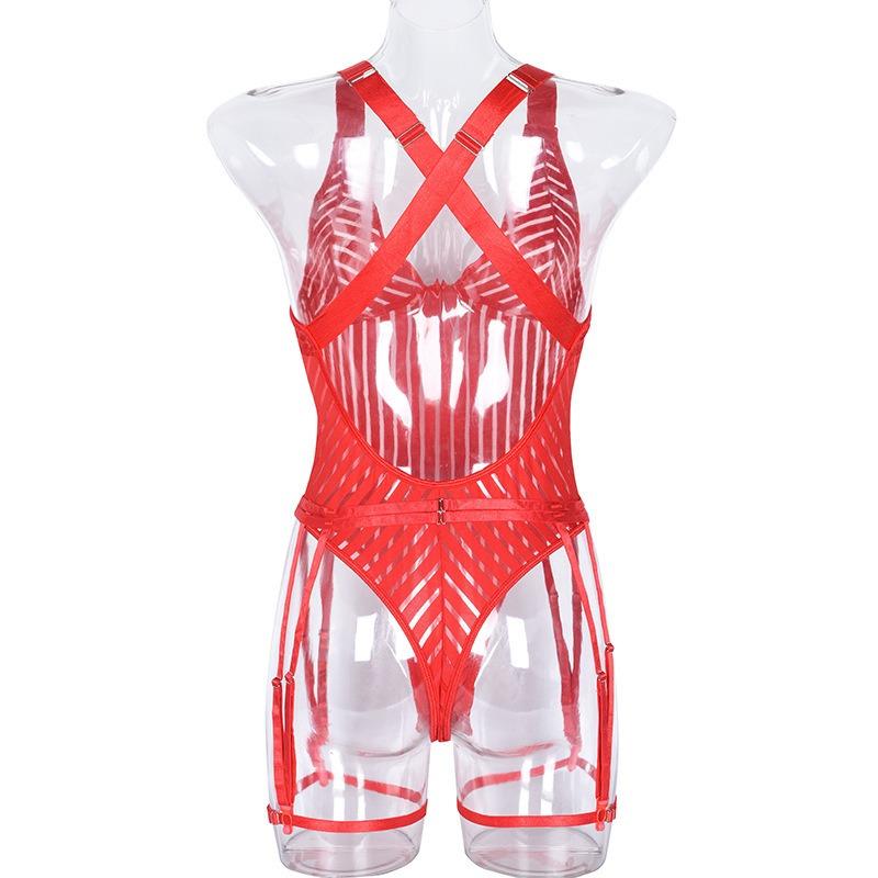 New sexy hollow striped cross suspender one-piece erotic underwear set