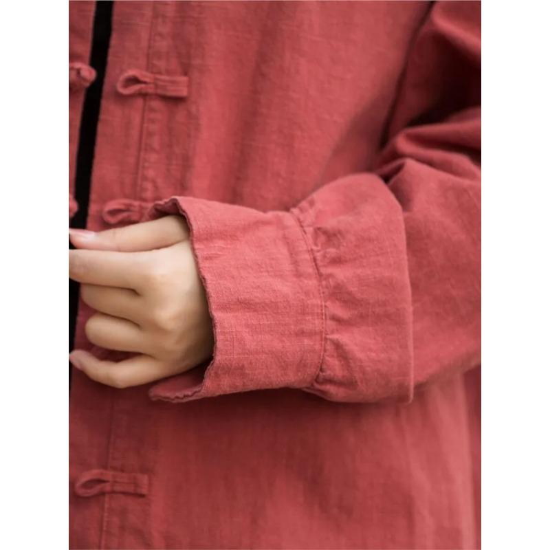 Johnature Women Chinese Style Linen Shirts and Tops Stand Long Sleeve Blouses Spring Solid Color Button Vintage Shirts