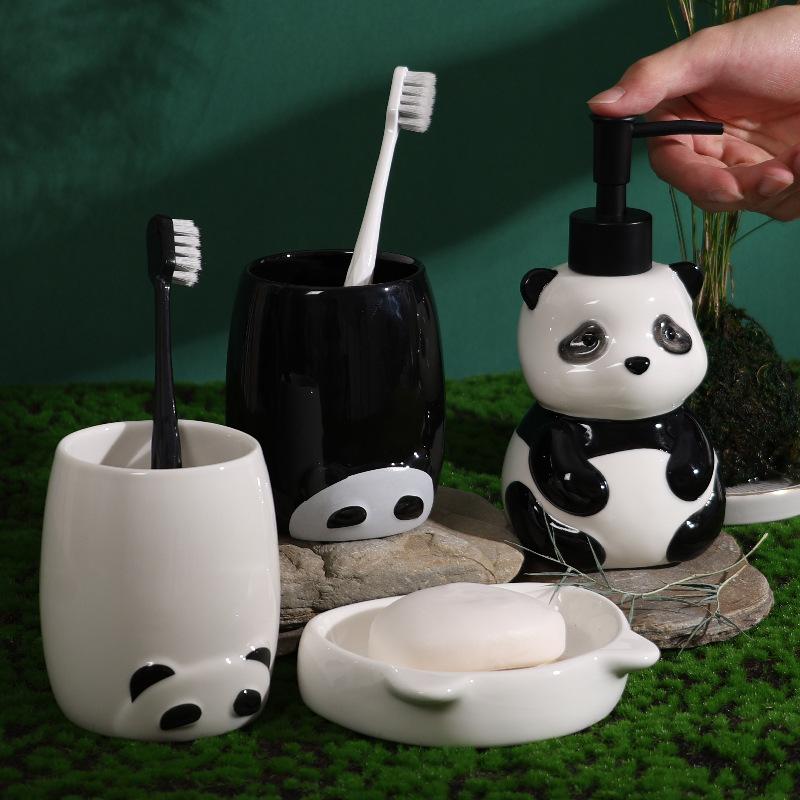 4pcs Creative Panda Ceramic Lotion Bottle Soap Dish Mouthwash Cup Ceramic Cartoon Bathroom Kit Modern Bathroom Accessories