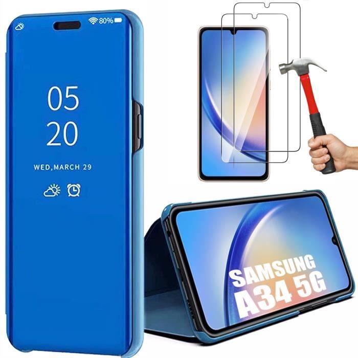 Coque - BOOLING - pour Samsung Galaxy A34 5G - Bleu - Effet Miroir - Protection Anti-Rayures- avec 2 Verres Trempés