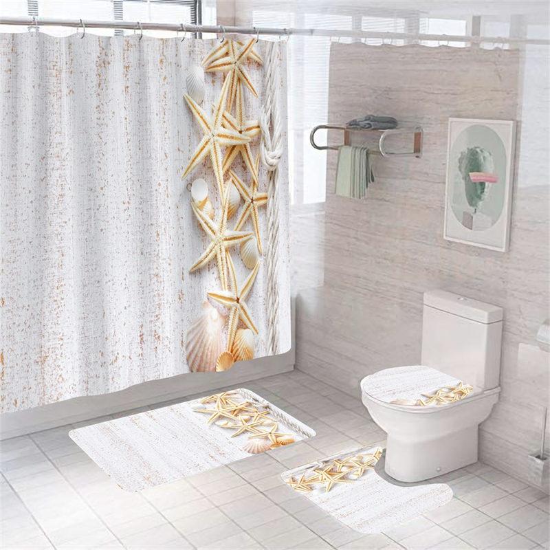 4Pcs/Set Print Shell Starfish Shower Curtains Ocean Beach New Bath Mat Set Waterproof Bath Curtain Polyester Anti-slip Carpet Toilet Rugs