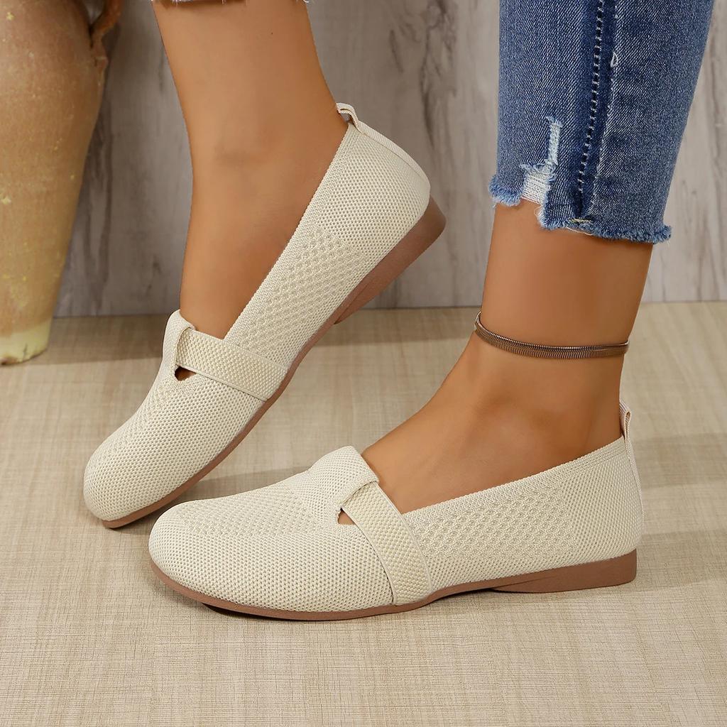 Damskie Płaskie Buty Jednokolorowe Oddychające Mokasyny Miękka Podeszwa Lekkie Wsuwane Buty do Chodzenia Damskie Niskie Dzianinowe Casualowe Buty Damskie