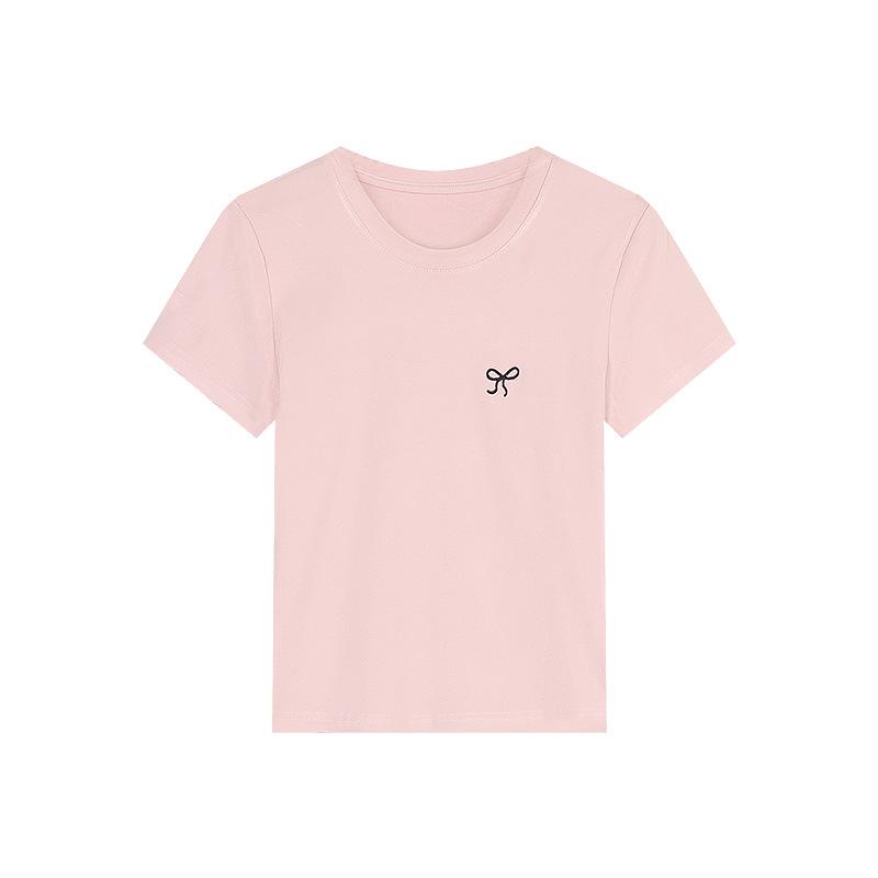 Bow Embroidered Short Sleeved T-shirt for Women In Summer Slim Fit Shoulder Up Student Round Neck Bottom Top Shirt