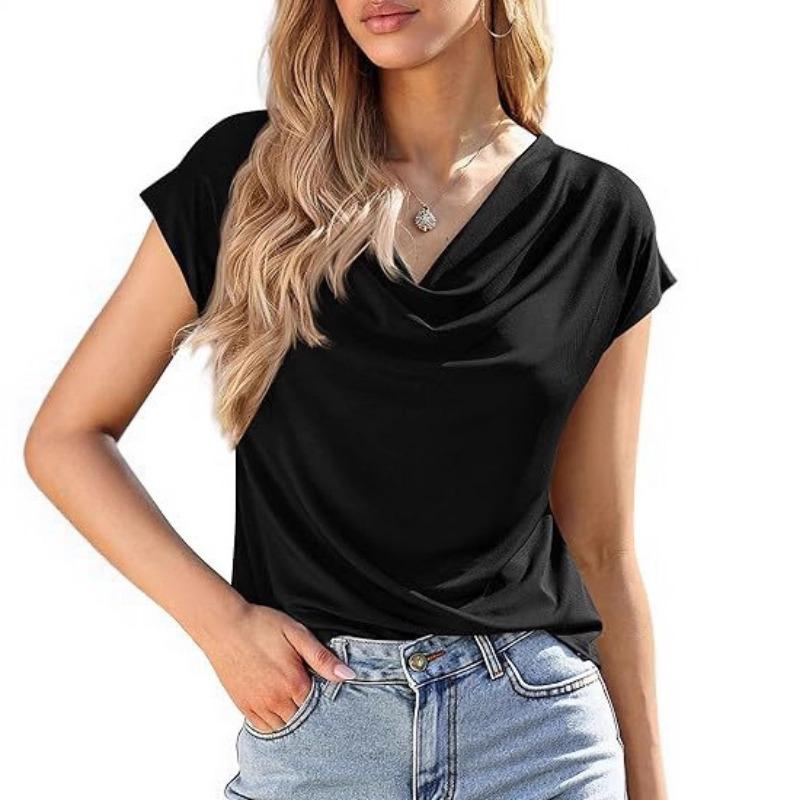 Summer New Women's Short-sleeved T-shirt Fashionable and Versatile Swing Collar Pullover Top
