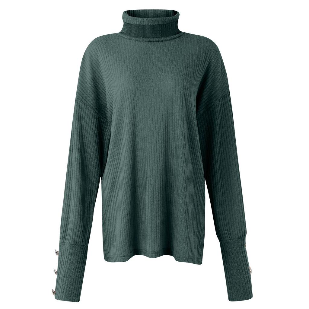 Women's Turtleneck Top Loose Pullover Button Up Long Sleeve Color Knit Bottoming Shirt