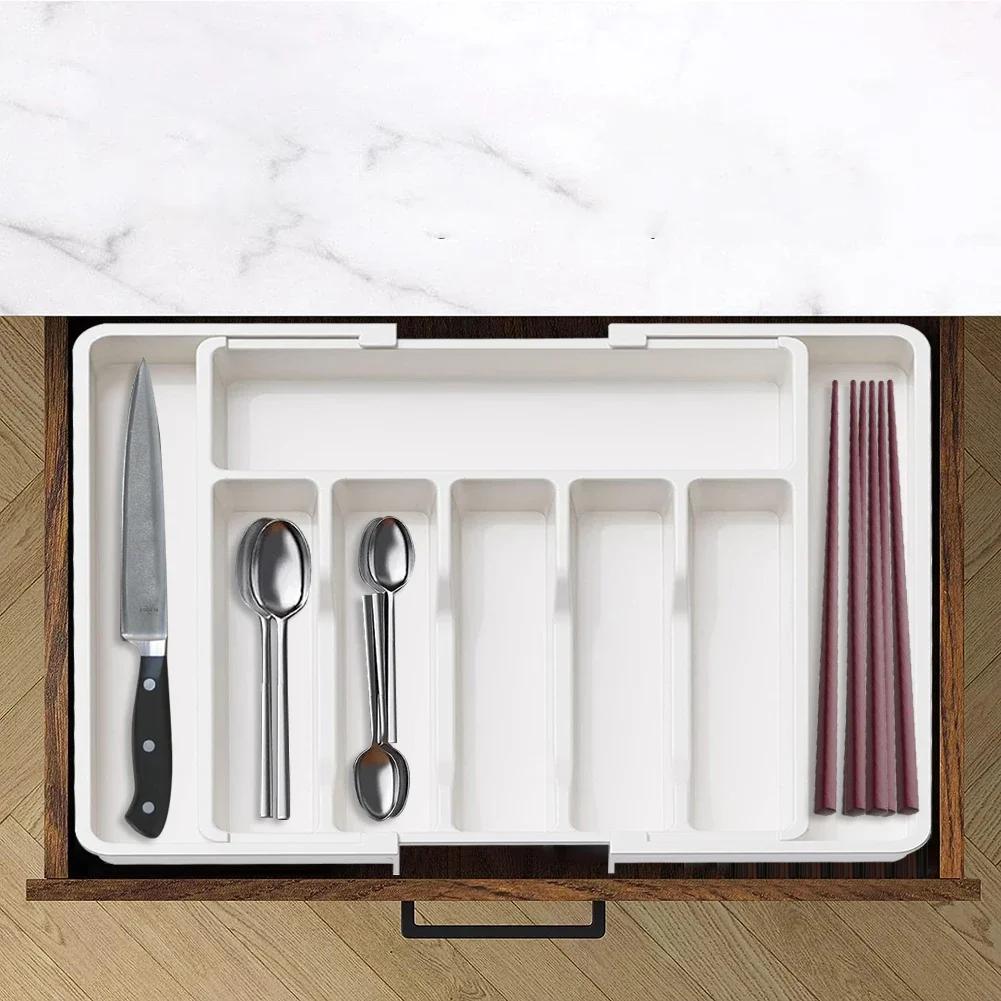 Adjustable Flatware Tableware Organizer with Dividers Utensil Holder Plastic Storage Tray for Spoons Forks Knives