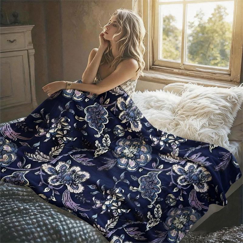 Vintage Floral Navy Blue Flannel Blanket Perfect for Sofa Office Bed Travel Sleep Read Relax Camping Four Season Use