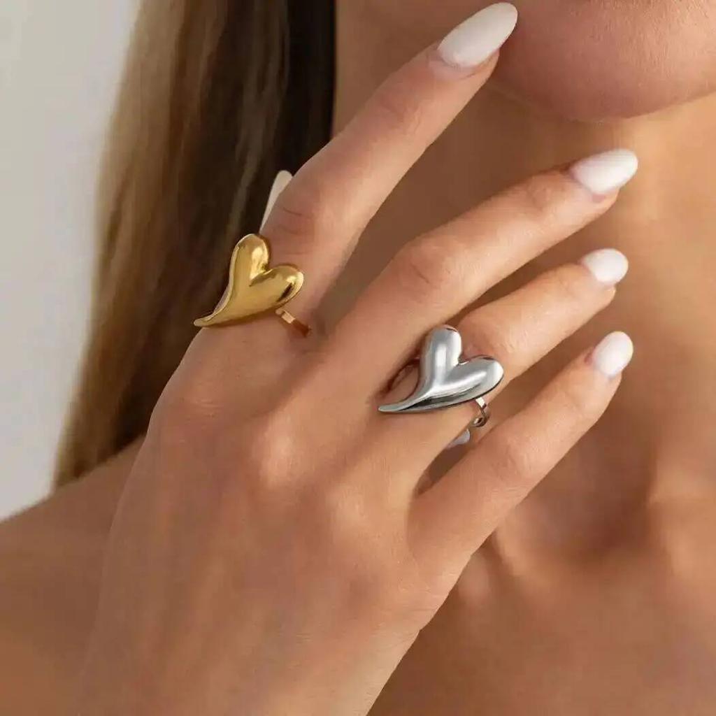 IngeSight.Z Minimalism Y2K Smooth Pointed Love Heart Open Ring for Women Stylish Gold Color Irregular Finger Ring Couple Jewelry