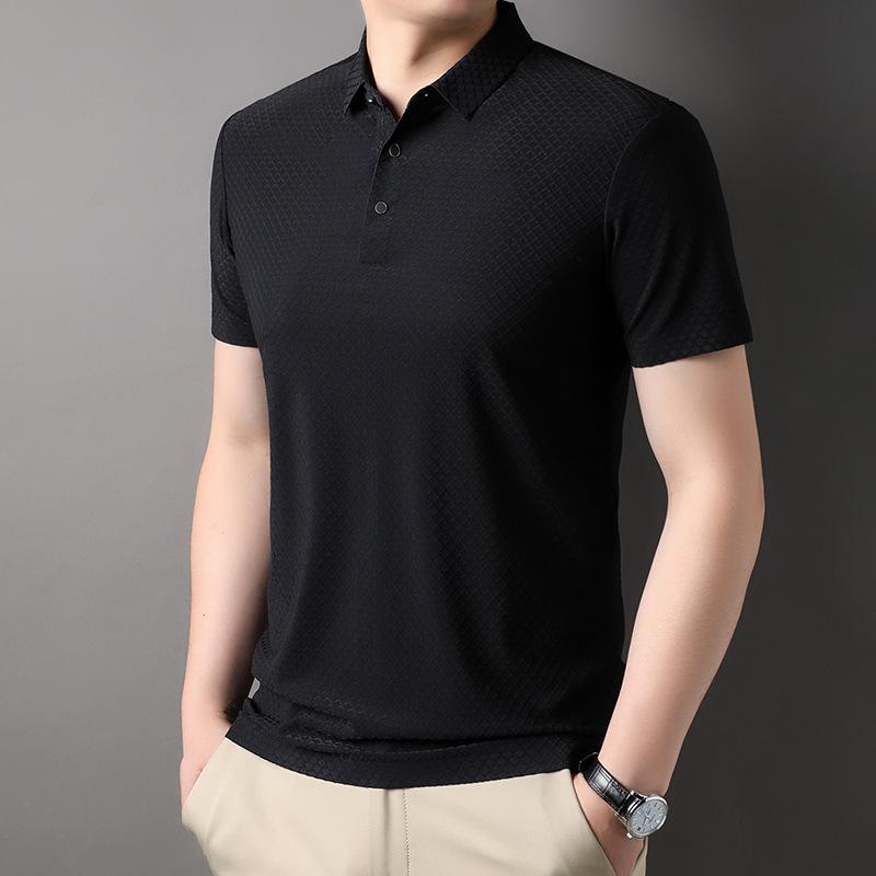 Summer New Short-sleeved Men's Polo Shirt with Mulberry Silk, Seamless Solid Color T-shirt, Lapel Polo T-shirt