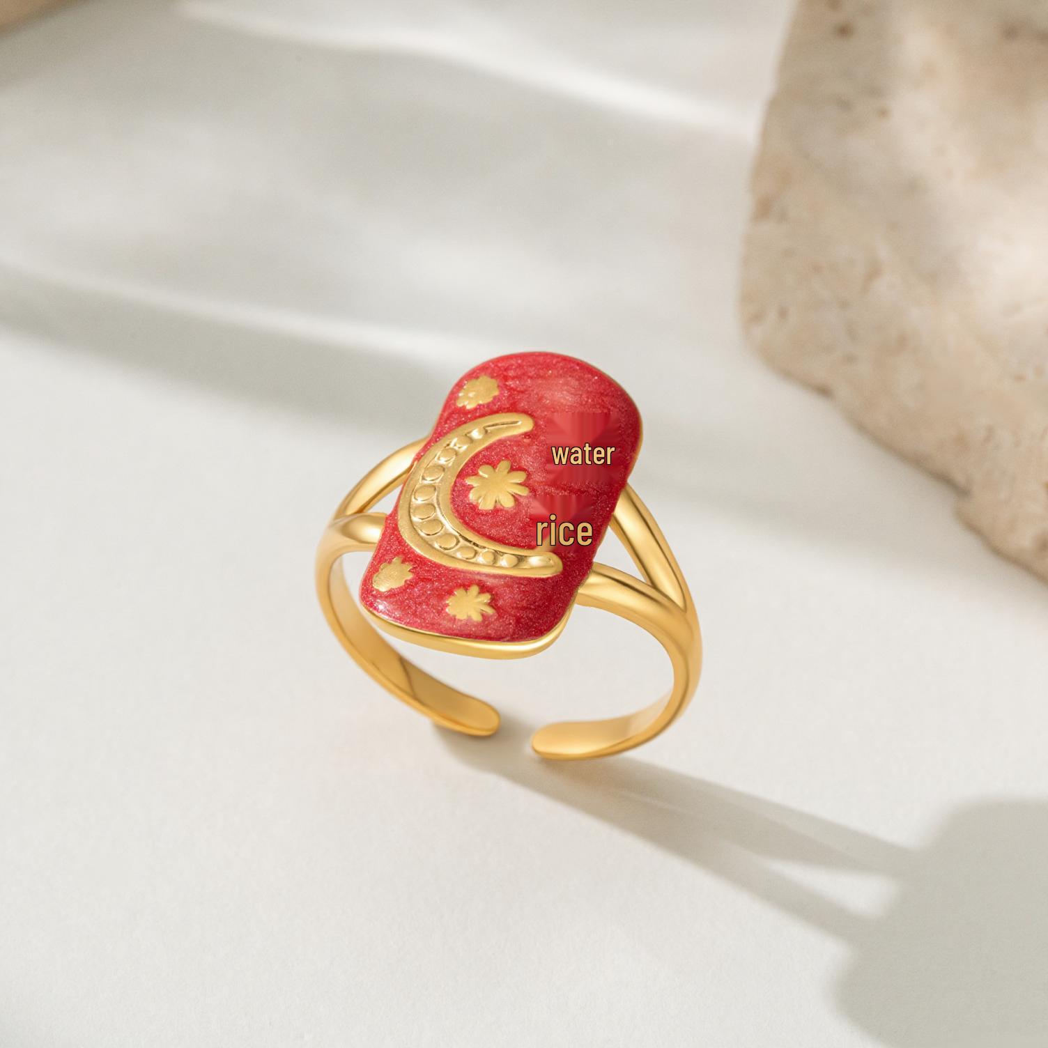 Stainless Steel Gold-Plated Enamel Moon and Star Women s Fashion Ring Adjustable красный