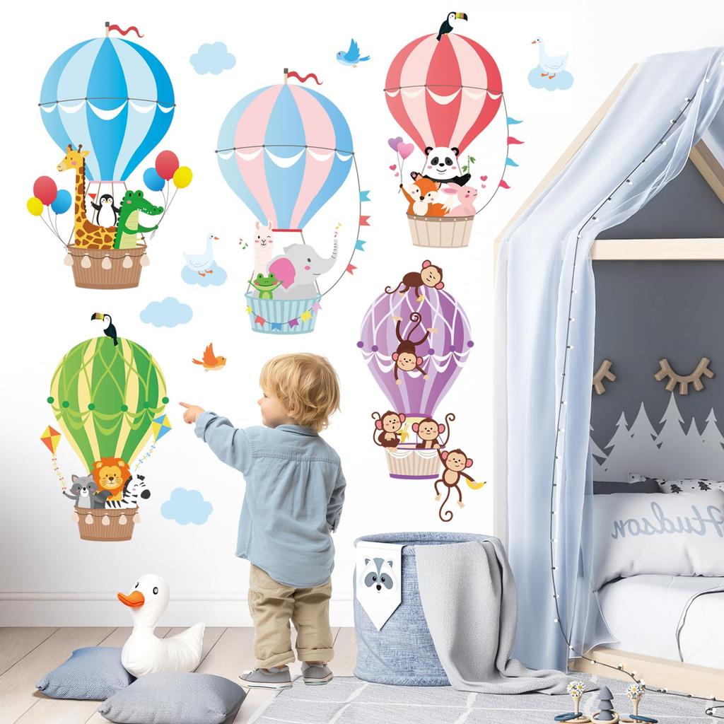 DECOWALL Animals and Hot Air Balloon Wall Stickers Giraffe Removable - Panda, Lion, Elephant, - Colorful, (SG2-104)