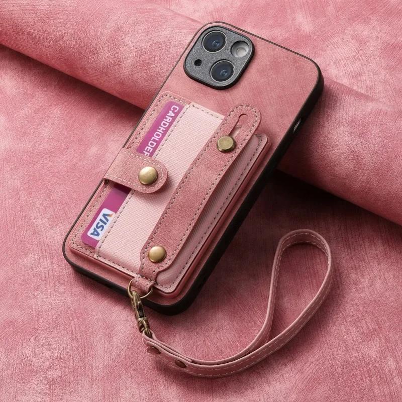 Wrist Strap PU Leather Stand Phone Case for IPhone 13 12 Mini 16 15 14 11 Pro Max XS X XR 8 7 Plus Wallet with Card Holder Cover