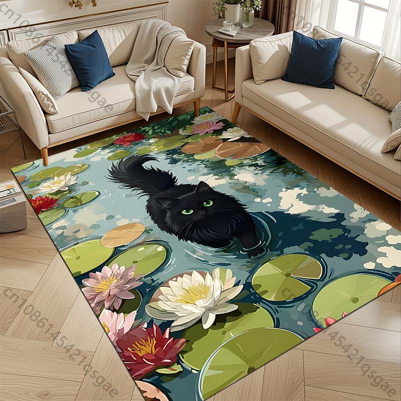 Multiple sizes Black cat walking among lilies Carpet for Living Room Bedroom Sofa Home Decor Rus Non-slip Floor Mat Luxury Gift