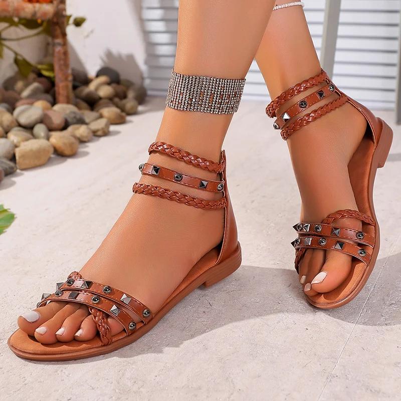 Fashion Casual Cross Strap Flat Sandals Women Rivet Decor Weightlight Soft Sole Sandal Female Stylish New Cover Heel Sandalias Mujer