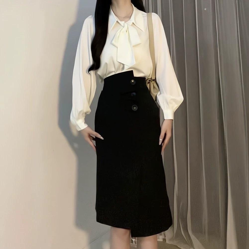 French bow long-sleeved shirt commuter shirt white spring and autumn professional white collar lace-up bow streamer top
