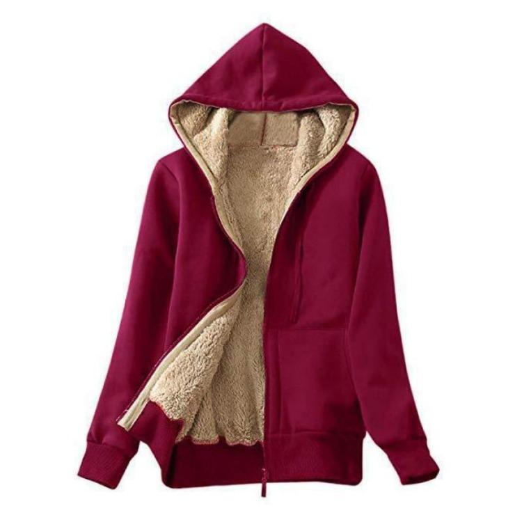 Plus Size Womens Plush Hooded Jacket Long Sleeve Zipper Sweater Coat Tops