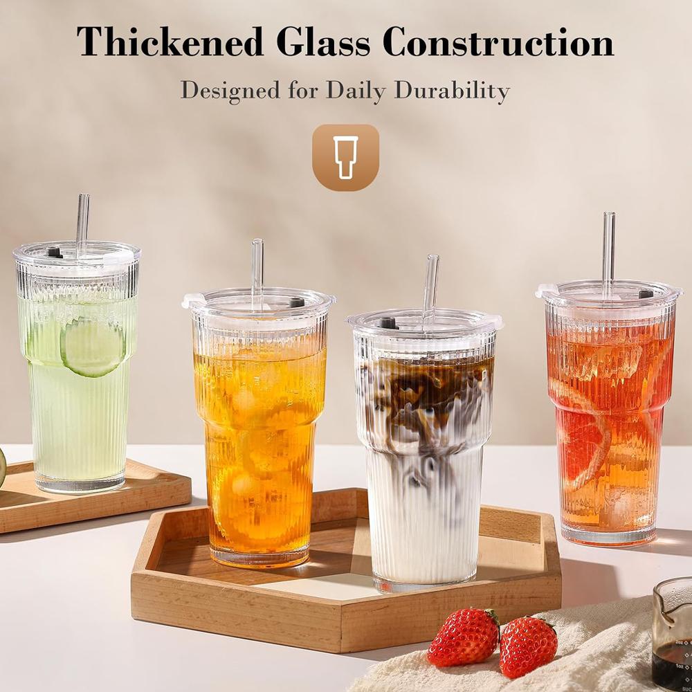 Glass Tumblers with Straws and Lids, Ribbed Iced Coffee Cups Leak-proof, Dishwasher Safe, Thickened Glass Cups with Lids