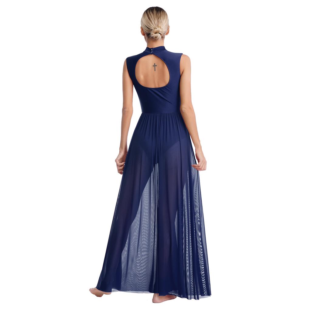 Womens Shiny Rhinestone Lyrical Dance Dress Mock Neck Sleeveless Open Back Twist Front Sheer Mesh Overlay Leotard