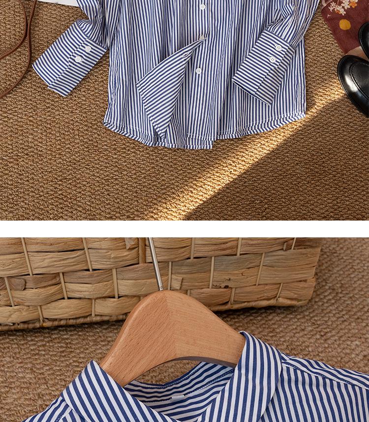 Women's Slimming Long Sleeve Cotton Shirt, Blue Striped, 100% High-Density Cotton.