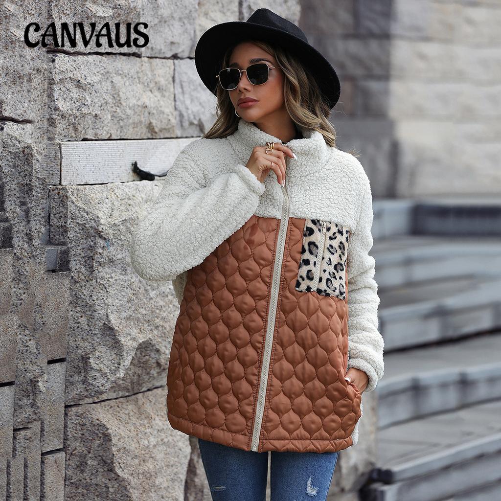 Podzimní a zimní dámský kabát Ležérní Plyšový Dlouhý rukáv Volný Kulatý výstřih Zapínání na zip Oboustranná plyšová bunda Tweed Jacket