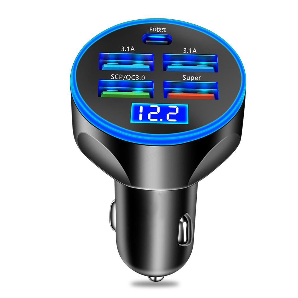 

5 в 1 250 Вт автомобильное зарядное устройство с пятью отверстиями для одновременной зарядки, автомобильное зарядное устройство Type-C с цифровым дисплеем, зарядное устройство для телефона PD QC3.0 чёрный