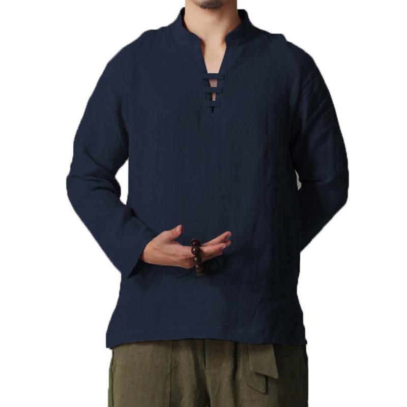 Men's V-Neck Cotton Linen Chinese Long Sleeve Slim Stand Collar Casual Shirts Men's V-Neck Cotton Linen Chinese Long Sleeve Slim Stand Collar Casual Shirts