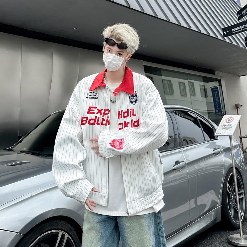 

Unisex Retro Baseball Jacket: Loose Fit, White Stripes, Turn-Down Collar, Perfect for Spring and Autumn Couples. Large белый
