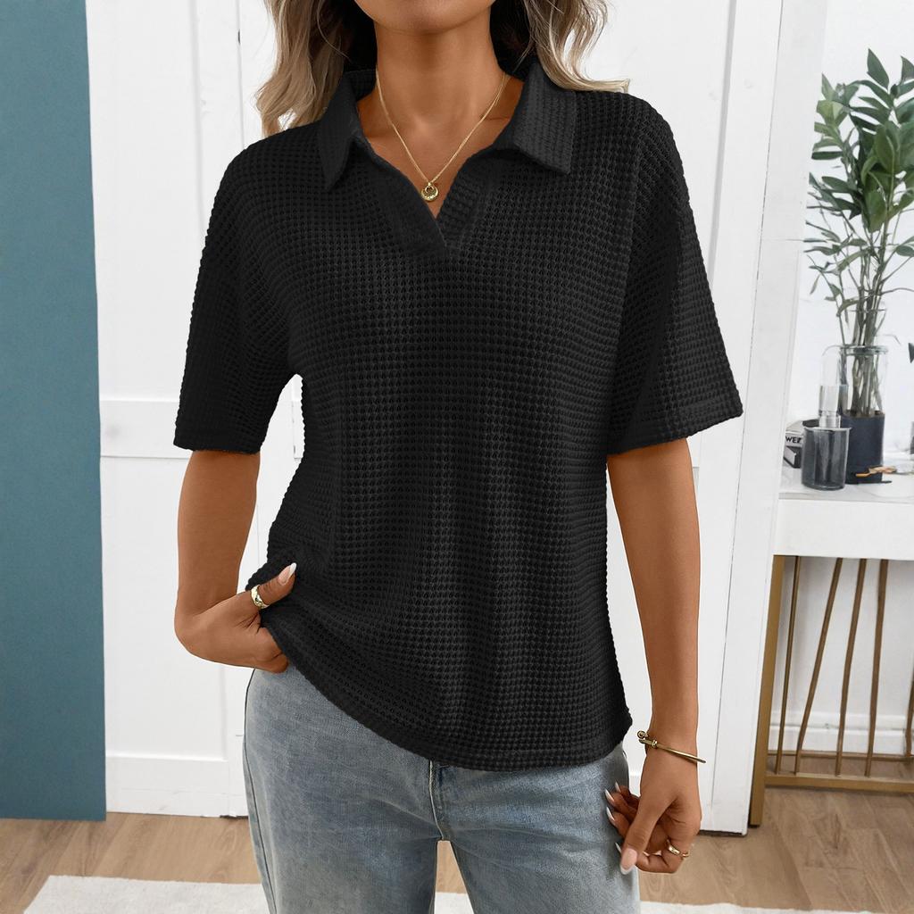 Women's Collared Color Knit Pullover Loose Short,sleeved T,shirt